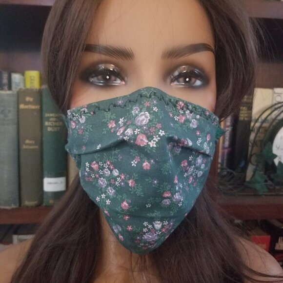 Adult Face Masks - Floral on Green - Filter Pocket - Roomy - Breathable - Picture 1 of 7